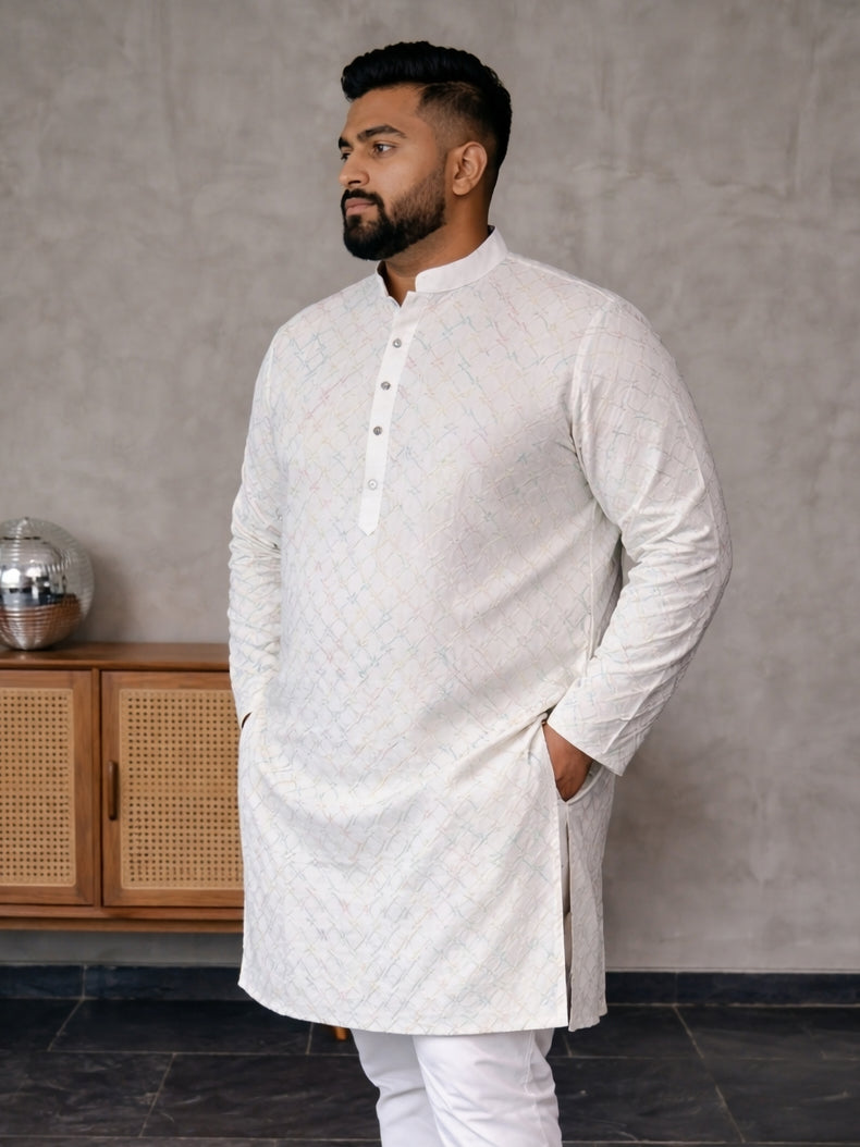 Men's Silk Blend Embroidered Ethnic Kurta Set ( ANMKO 329White )