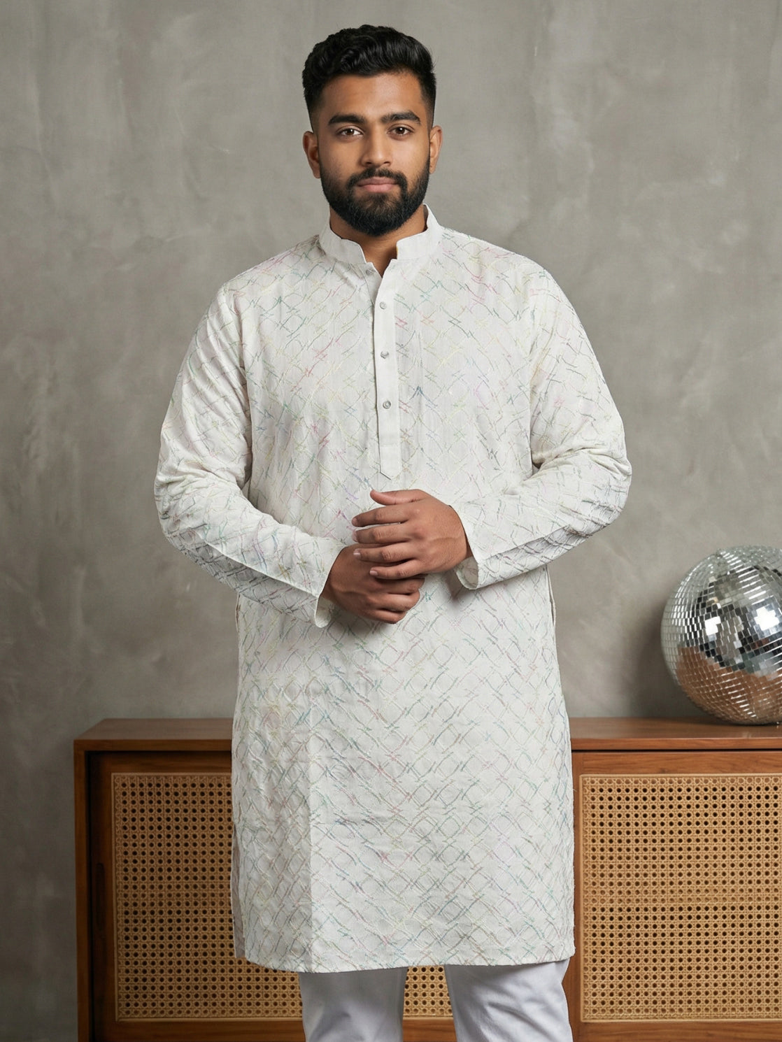Men's Silk Blend Embroidered Ethnic Kurta Set ( ANMKO 329White )