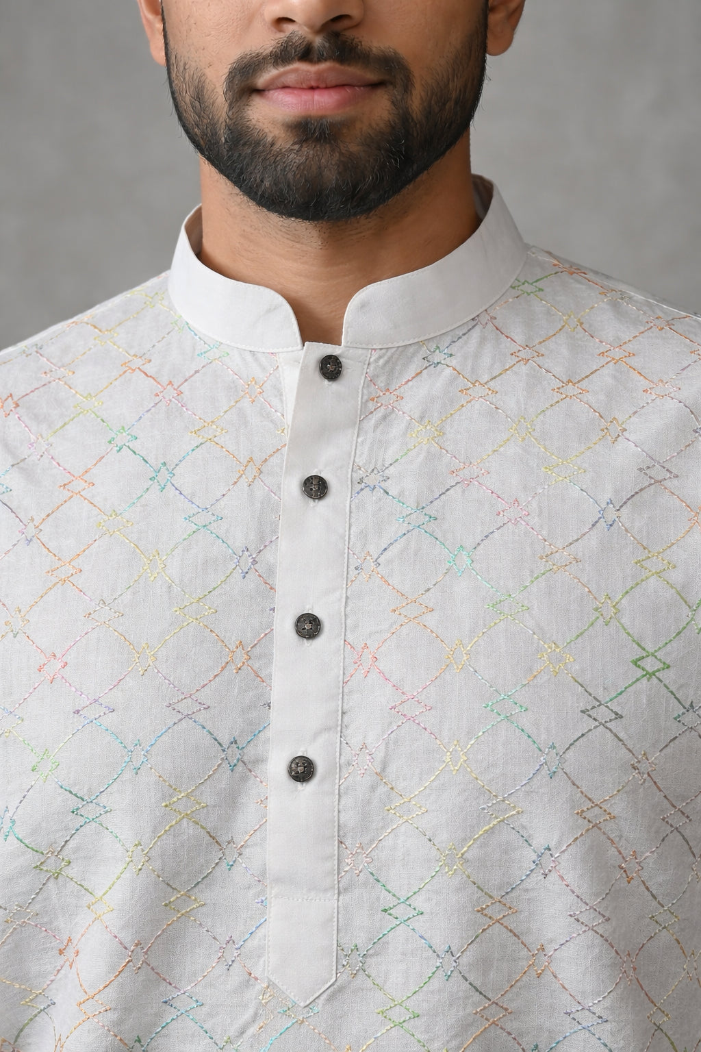 Men's Silk Blend Embroidered Ethnic Kurta Set ( ANMKO 329White )