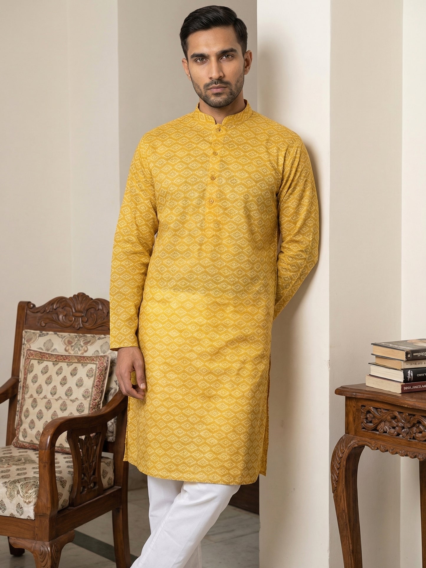 Men’s Printed Cotton Blend Kurta ( ANMKO 330Yellow )