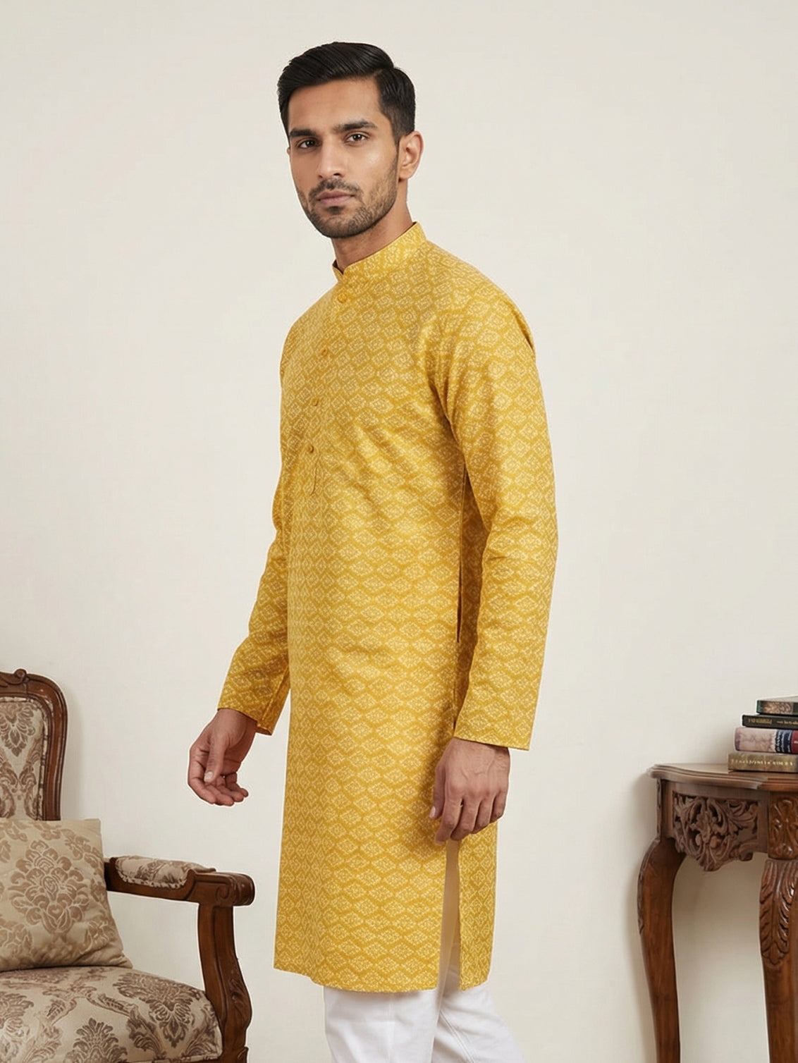 Men’s Printed Cotton Blend Kurta ( ANMKO 330Yellow )