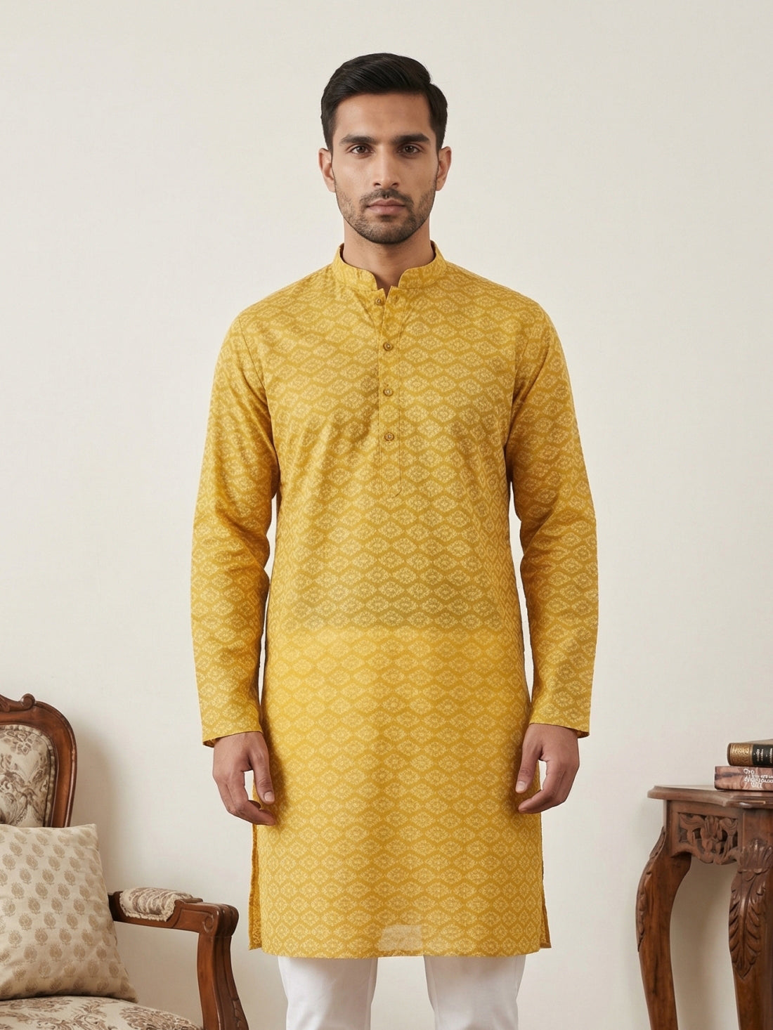 Men’s Printed Cotton Blend Kurta ( ANMKO 330Yellow )