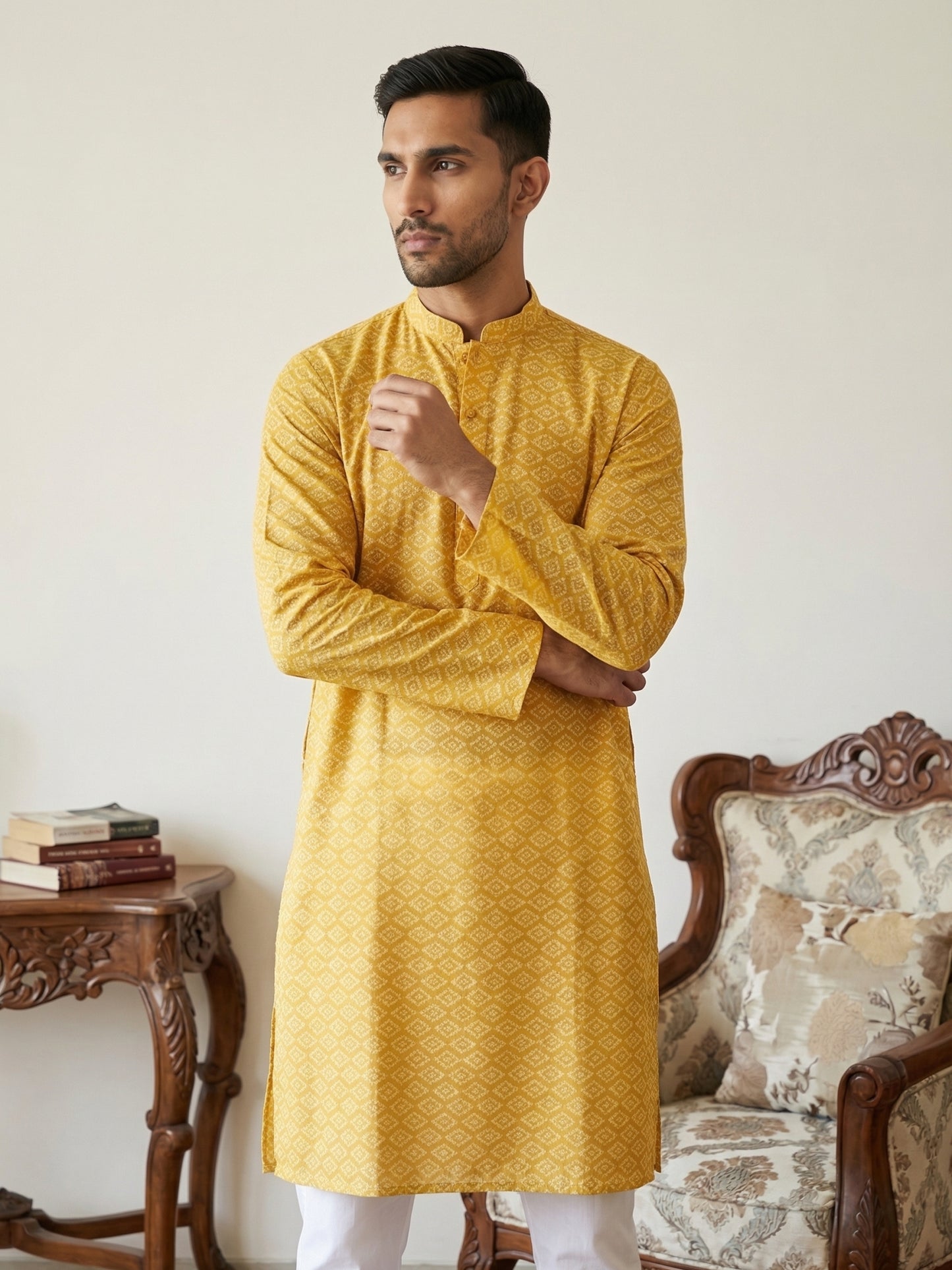 Men’s Printed Cotton Blend Kurta ( ANMKO 330Yellow )