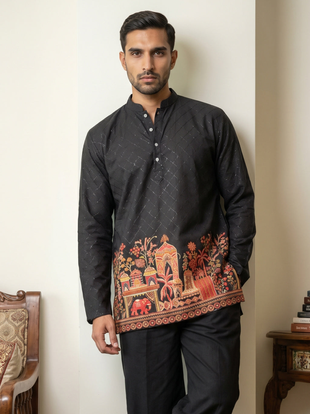 Premium Cotton Blend Printed Ethnic Kurtas ( ANMKO 333 Black )