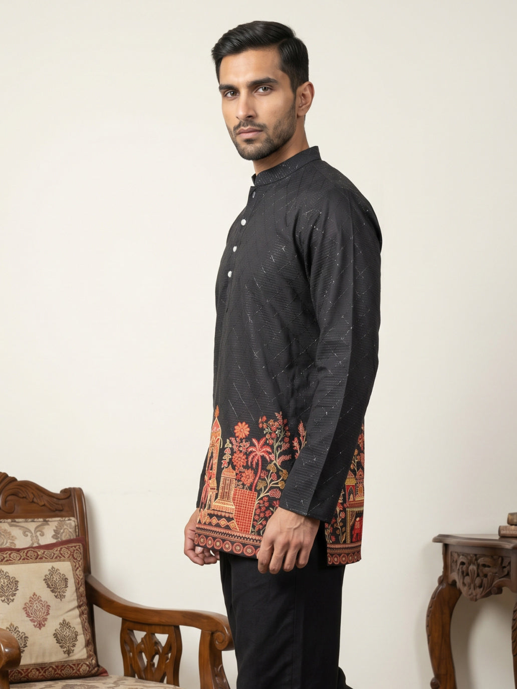 Premium Cotton Blend Printed Ethnic Kurtas ( ANMKO 333 Black )