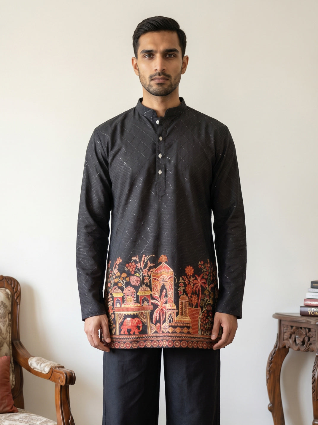 Premium Cotton Blend Printed Ethnic Kurtas ( ANMKO 333 Black )