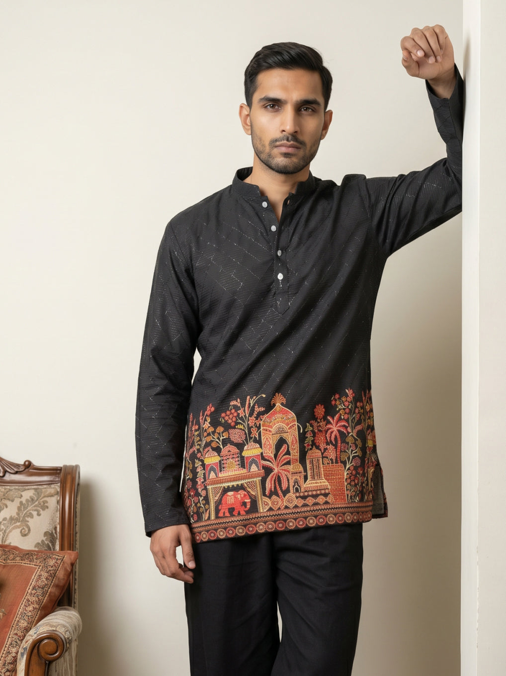 Premium Cotton Blend Printed Ethnic Kurtas ( ANMKO 333 Black )