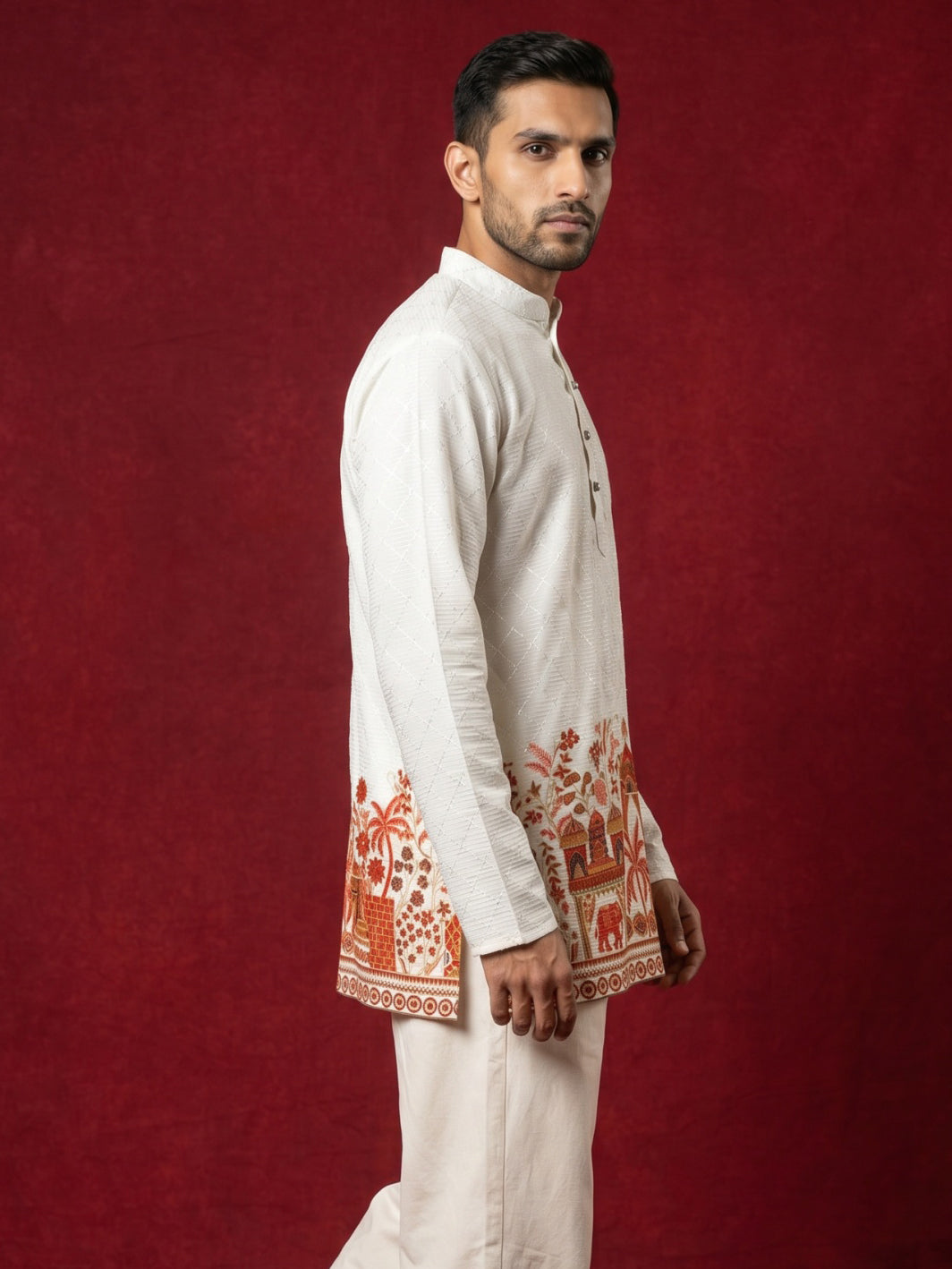 Premium Cotton Blend Printed Ethnic Kurta ( ANMKO 333 White )