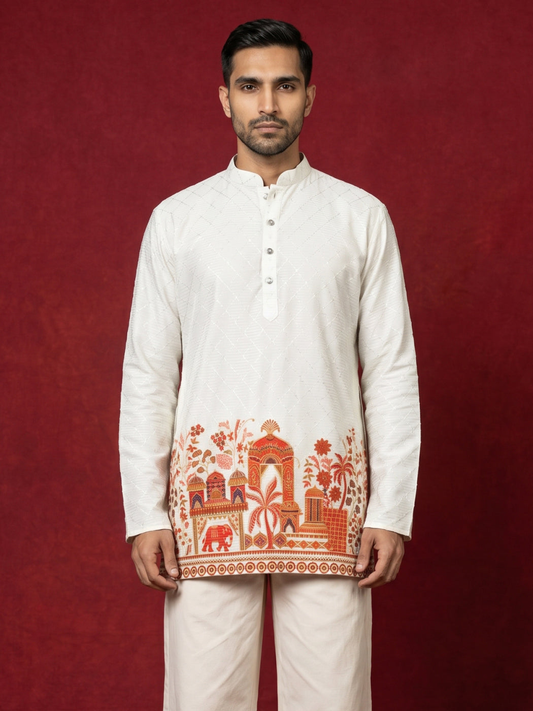 Premium Cotton Blend Printed Ethnic Kurtas ( ANMKO 333 White )