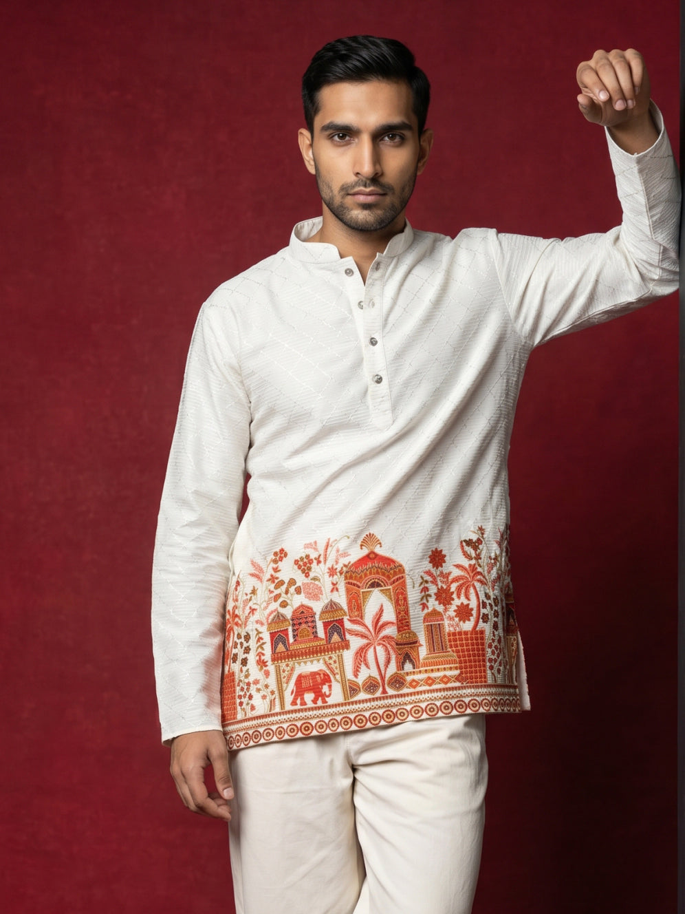 Premium Cotton Blend Printed Ethnic Kurta ( ANMKO 333 White )