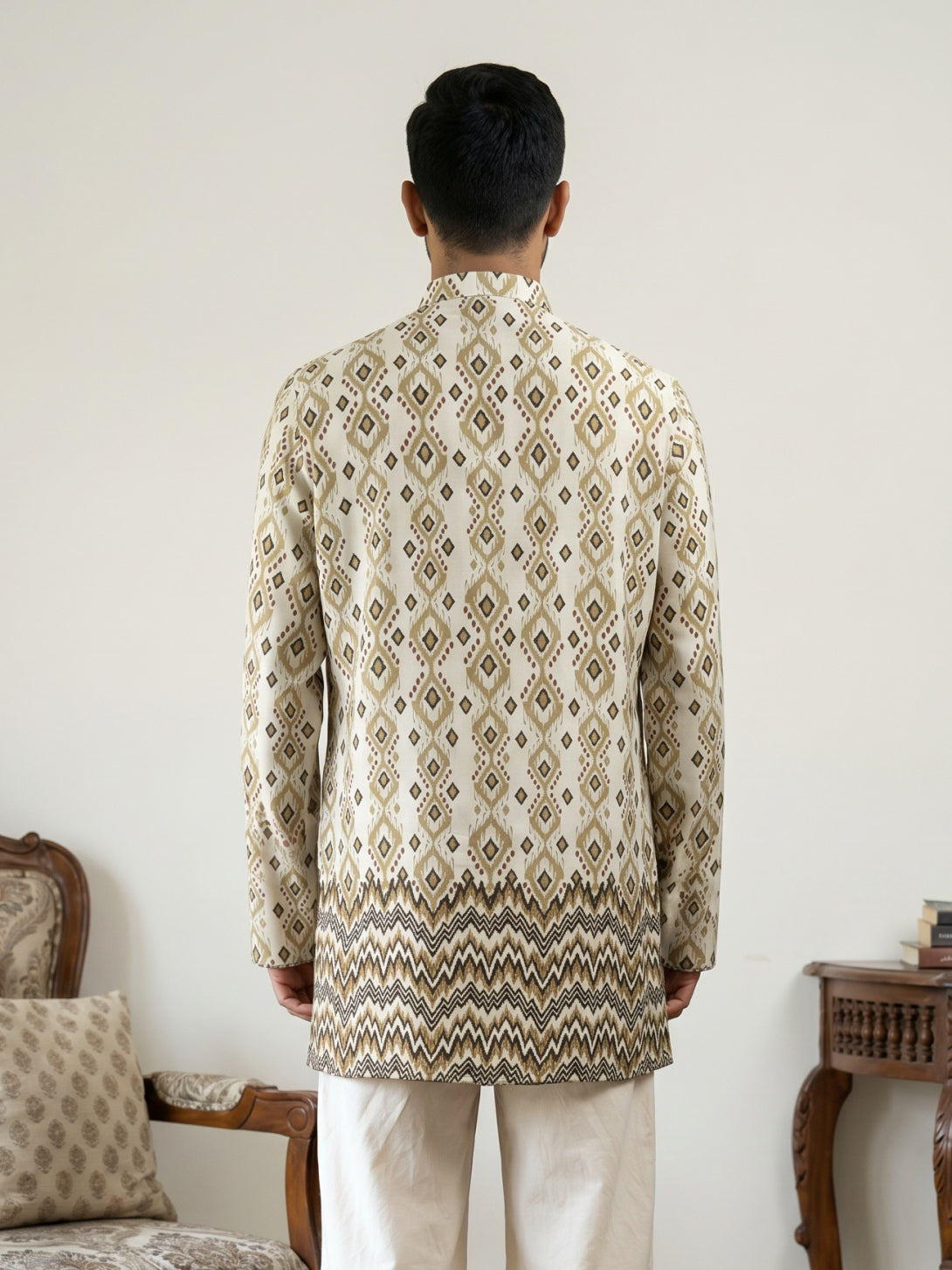 Men Ikat Print Cotton Blend Kurta ( ANMKO 334 Beige )