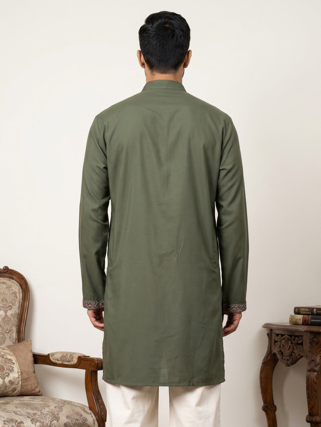 Men's Japanese Fabric Embroidered Kurta ( ANMKO 335 Olive )
