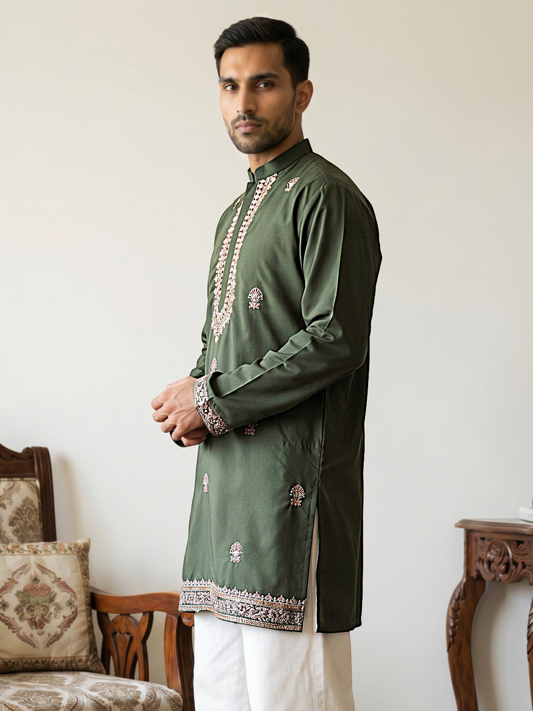 Men's Japanese Fabric Embroidered Kurta ( ANMKO 335 Olive )