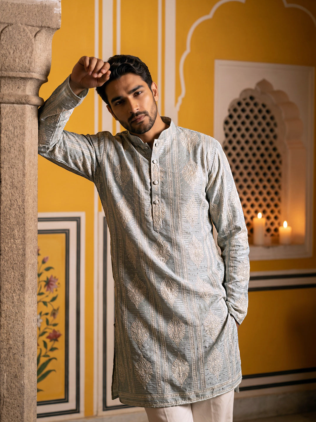 Cotton Blend Printed Kurta for Men ( ANMKO 336 Pista )