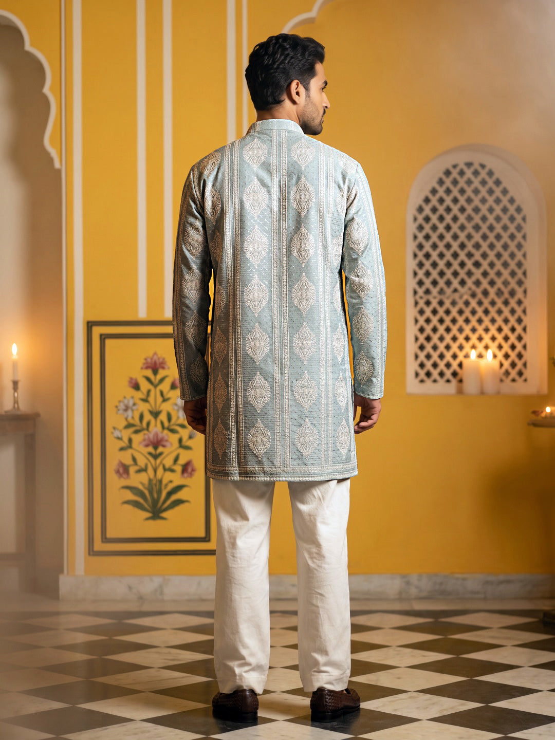 Cotton Blend Printed Kurta for Men ( ANMKO 336 Pista )