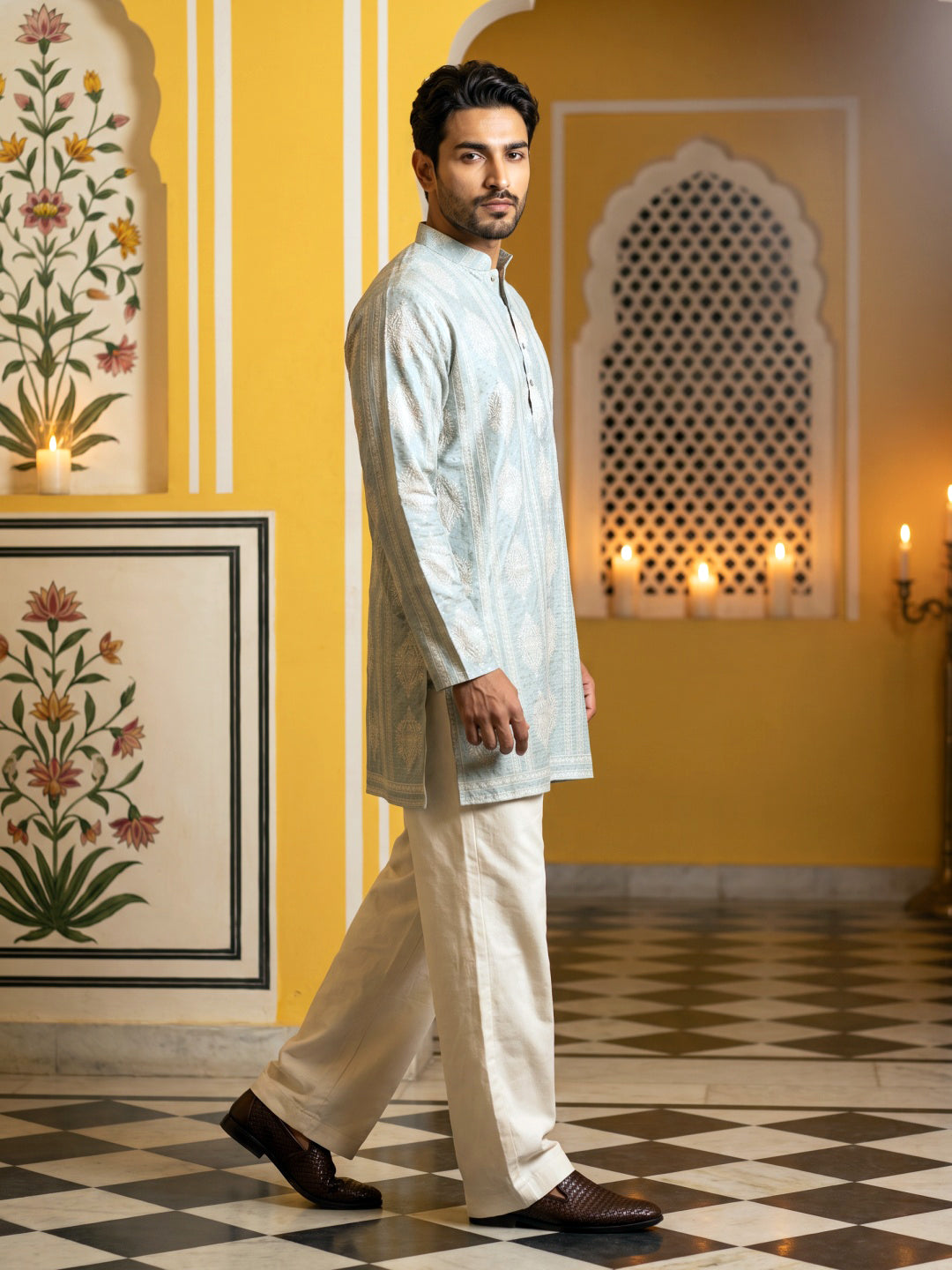 Cotton Blend Printed Kurta for Men ( ANMKO 336 Pista )