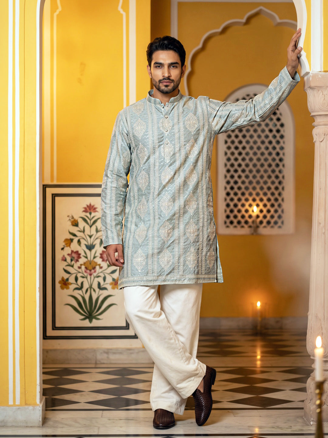 Cotton Blend Printed Kurta for Men ( ANMKO 336 Pista )