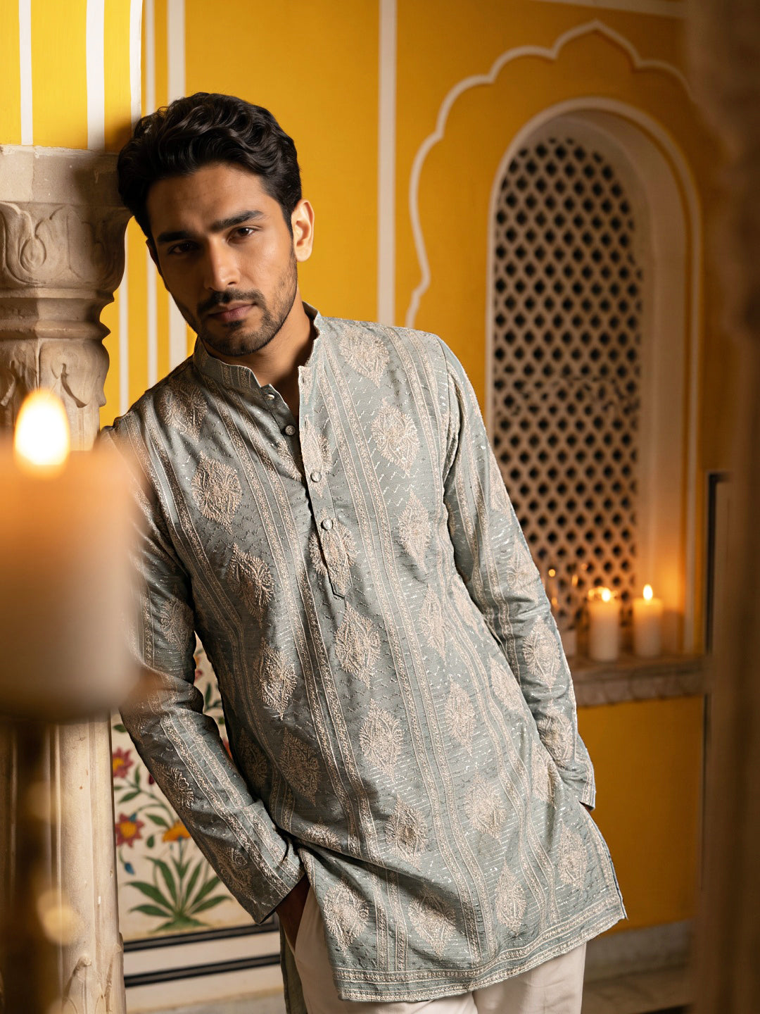 Cotton Blend Printed Kurta for Men ( ANMKO 336 Pista )