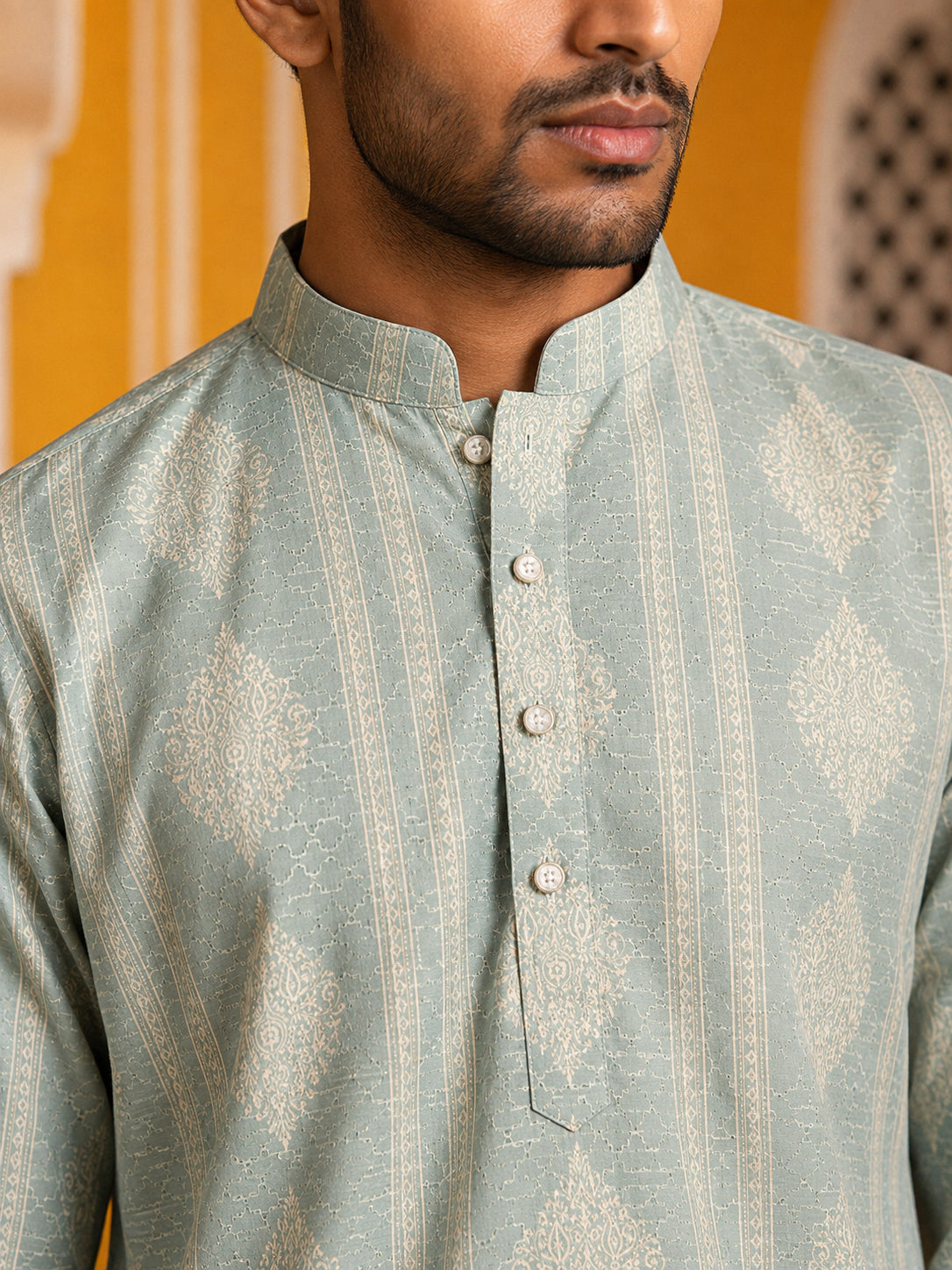 Cotton Blend Printed Kurta for Men ( ANMKO 336 Pista )