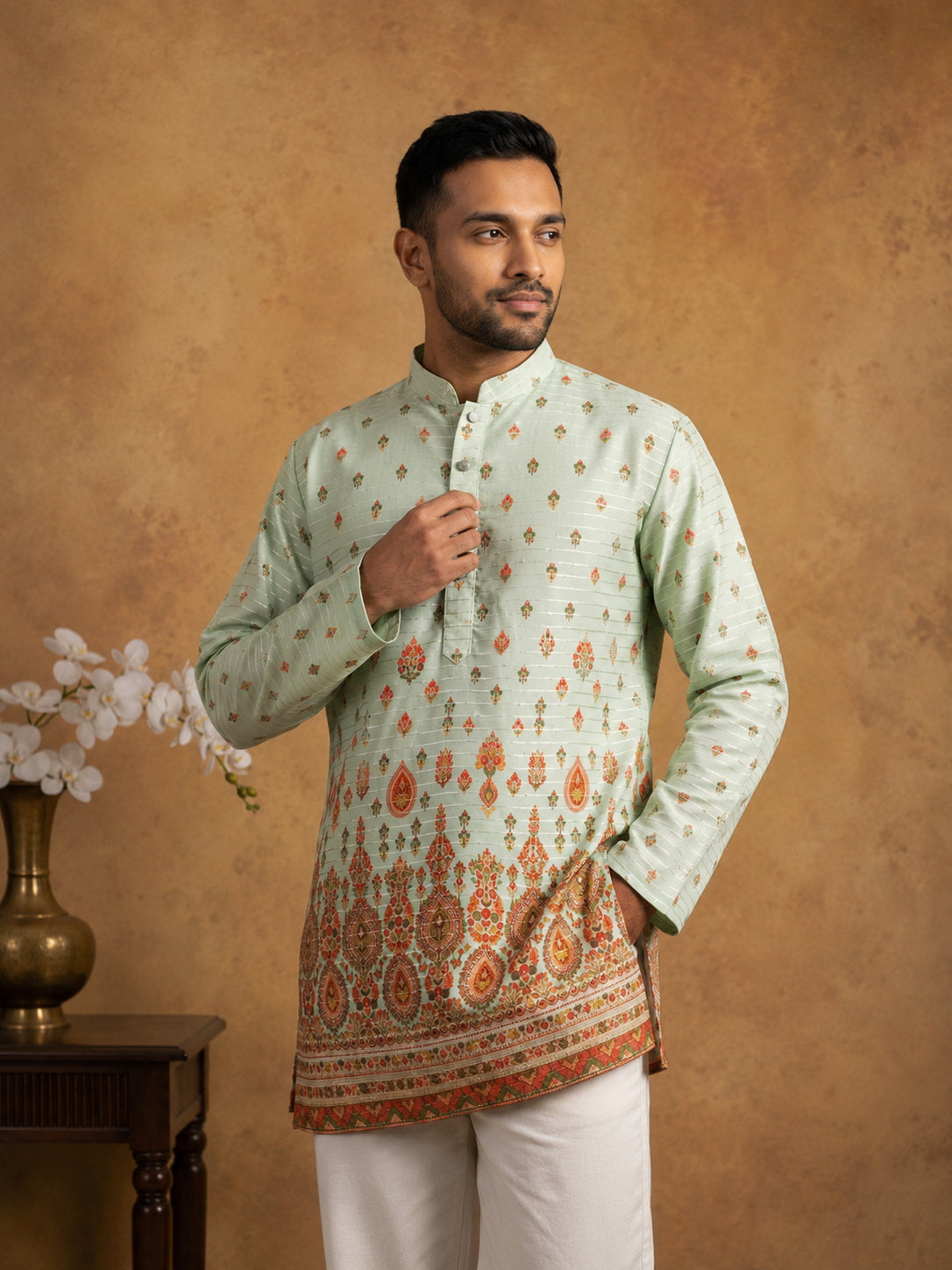 Printed Cotton Blend Thread Work Kurta ( ANMKO 337 Pista )
