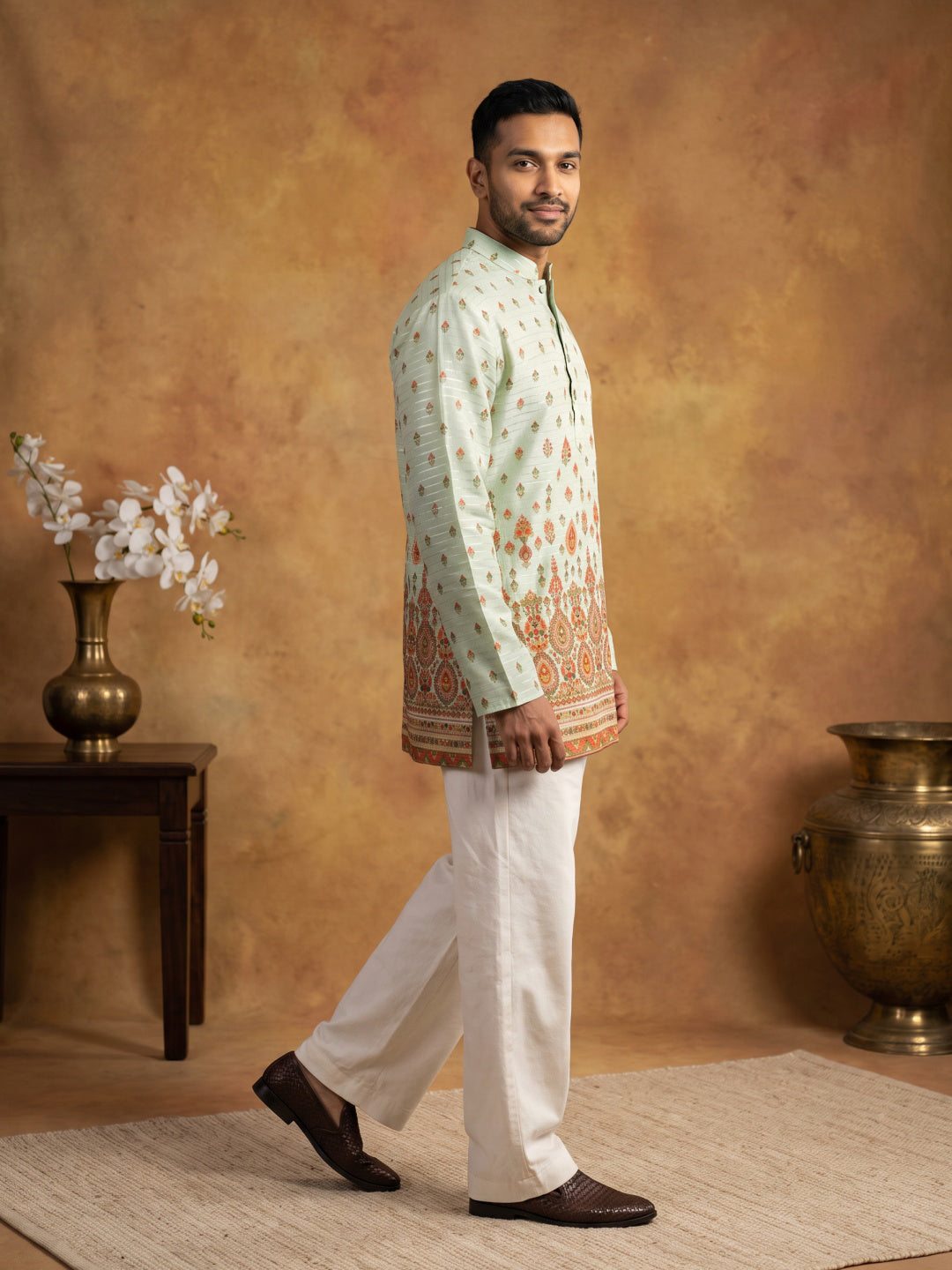 Printed Cotton Blend Thread Work Kurta ( ANMKO 337 Pista )