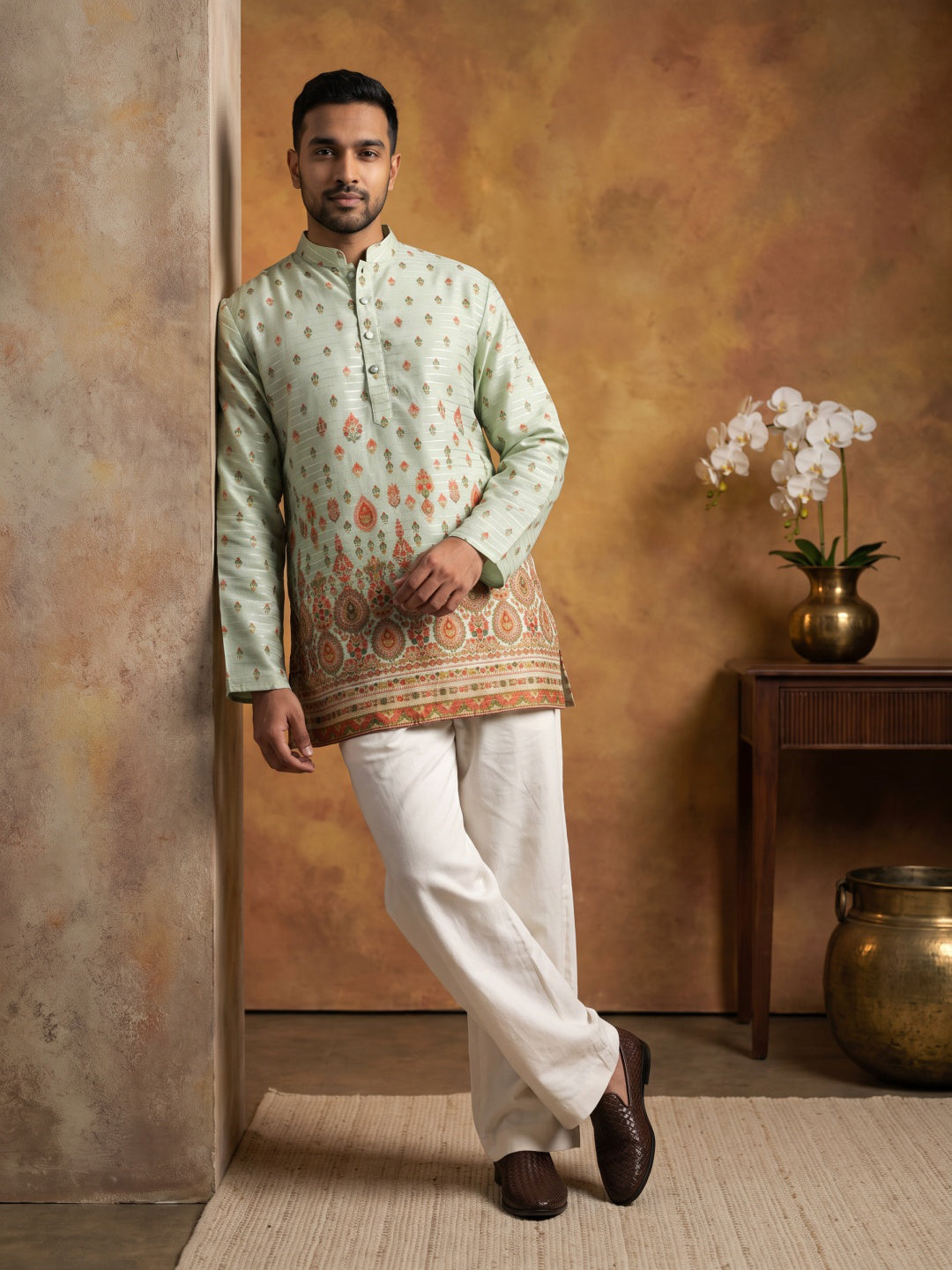 Printed Cotton Blend Thread Work Kurta ( ANMKO 337 Pista )