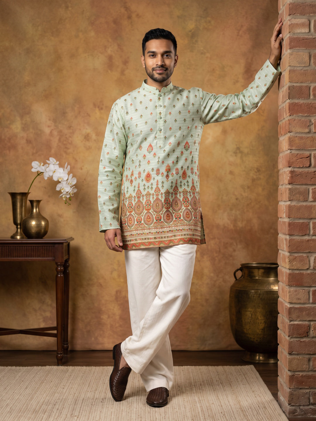 Printed Cotton Blend Thread Work Kurta ( ANMKO 337 Pista )
