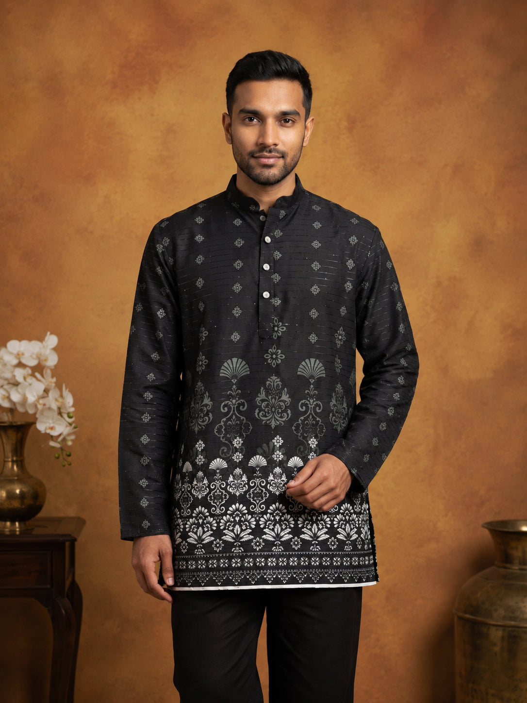 Printed Cotton Blend Thread Work Kurta ( ANMKO 338 Black )