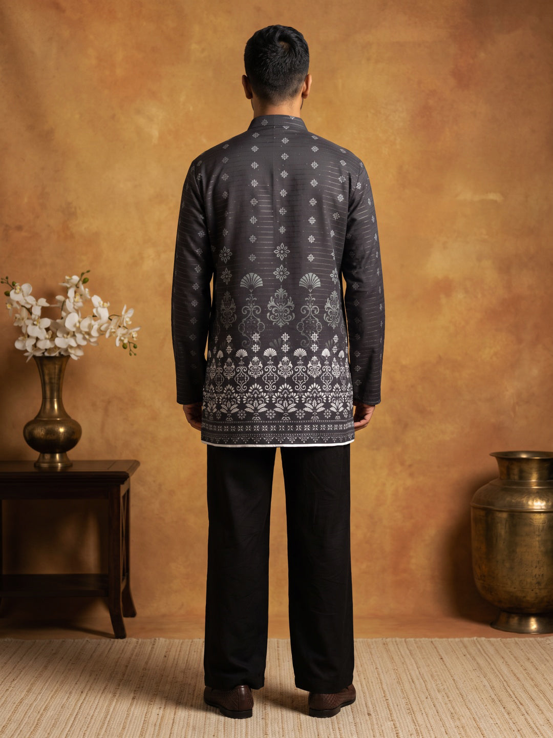 Printed Cotton Blend Thread Work Kurta ( ANMKO 338 Black )