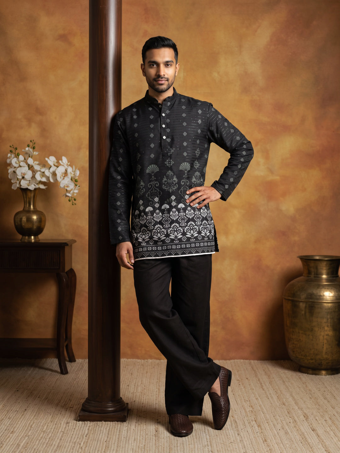 Printed Cotton Blend Thread Work Kurta ( ANMKO 338 Black )