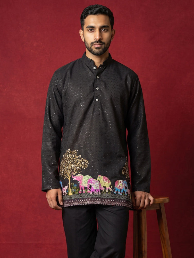 Premium Printed & Thread Work Kurta for Men ( ANMKO 339 Black )