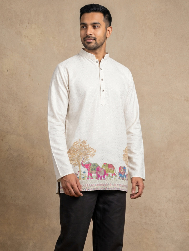 Premium Printed & Thread Work Kurta for Men ( ANMKO 339 White )