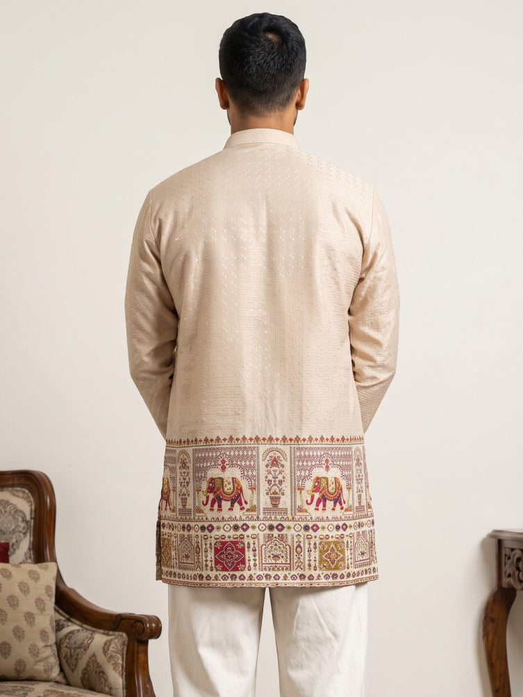 Traditional Printed Thread Work Kurta for Men ( ANMKO 340 Beige )