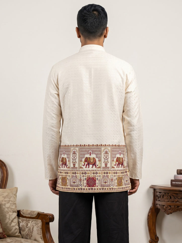 Traditional Printed Thread Work Kurta for Men ( ANMKO 340 White )