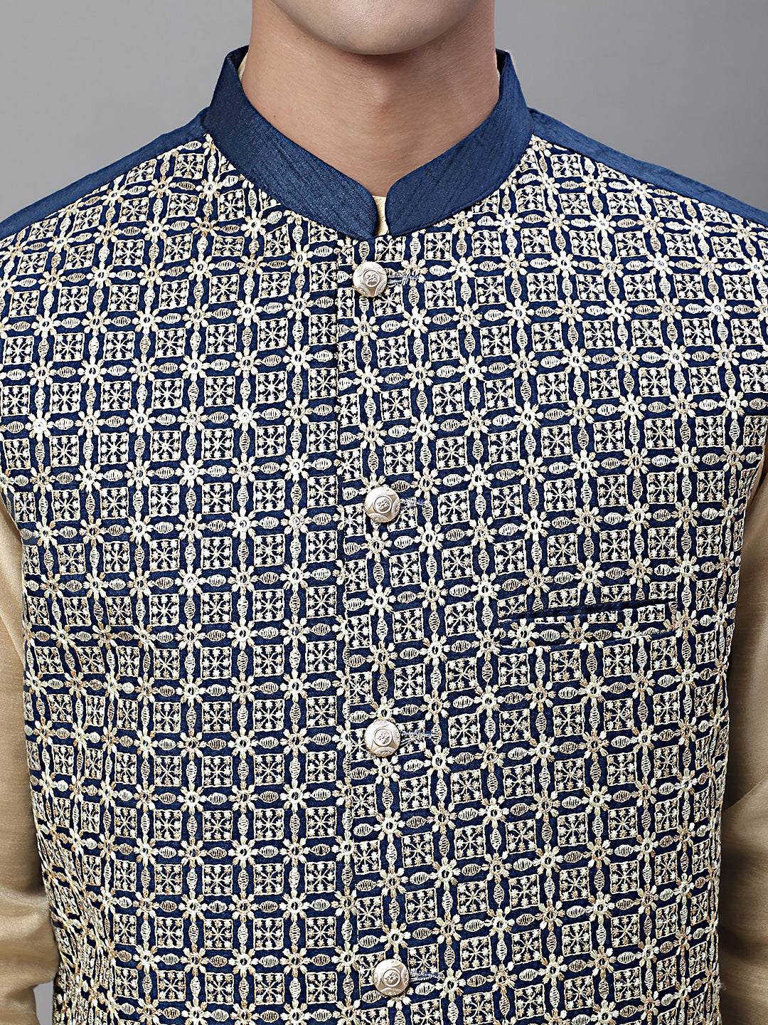 Solid Kurta Pyjama with Embroidered Nehru Jacket ( ANMKPWC 110G 7001Blue )
