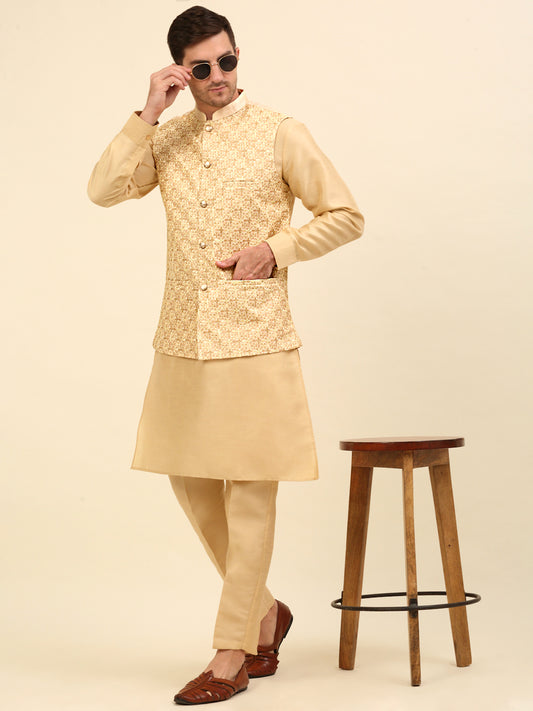 Embroidered Nehru Jacket  with Solid Kurta Pyjama ( ANMKPWC 110G 7001Cream )