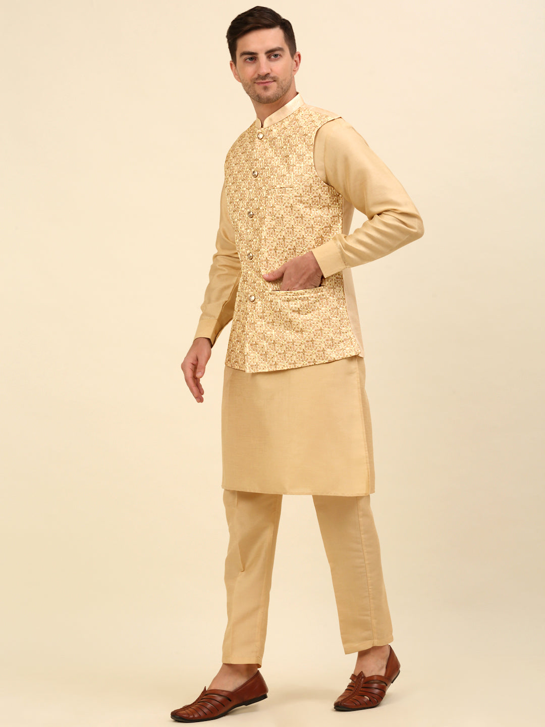 Embroidered Nehru Jacket  with Solid Kurta Pyjama ( ANMKPWC 110G 7001Cream )