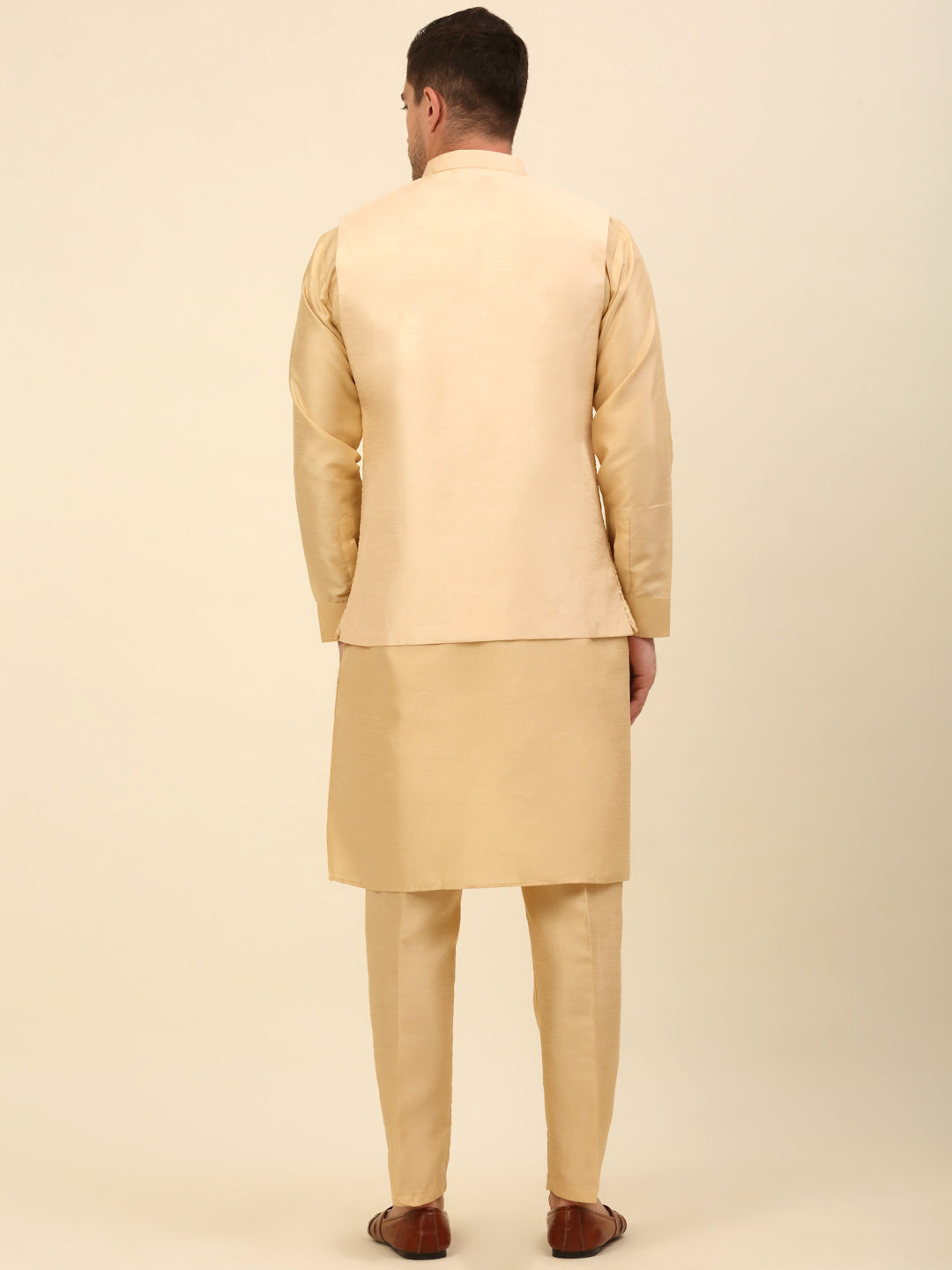Embroidered Nehru Jacket  with Solid Kurta Pyjama ( ANMKPWC 110G 7001Cream )