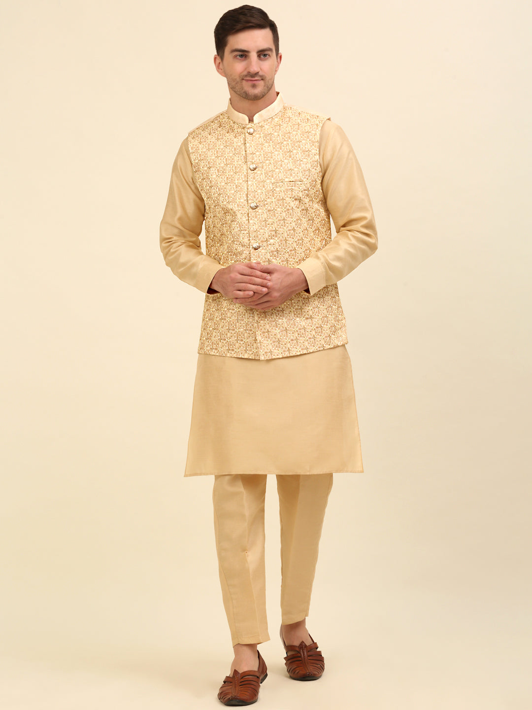 Embroidered Nehru Jacket  with Solid Kurta Pyjama ( ANMKPWC 110G 7001Cream )