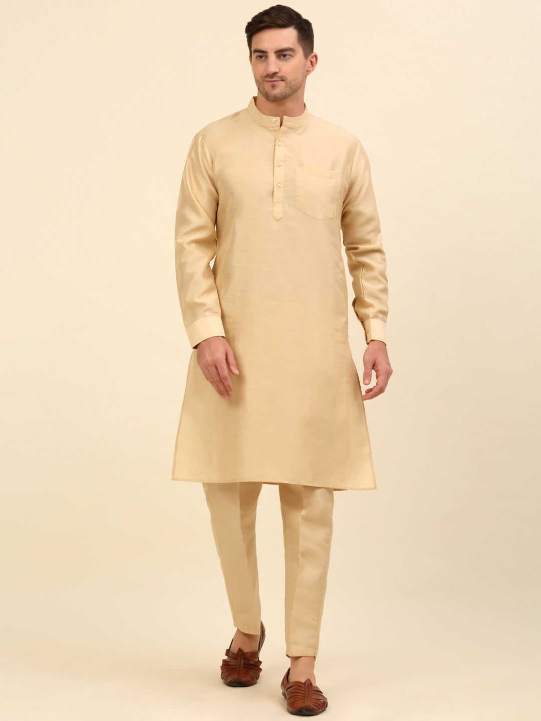 Embroidered Nehru Jacket  with Solid Kurta Pyjama ( ANMKPWC 110G 7001Cream )