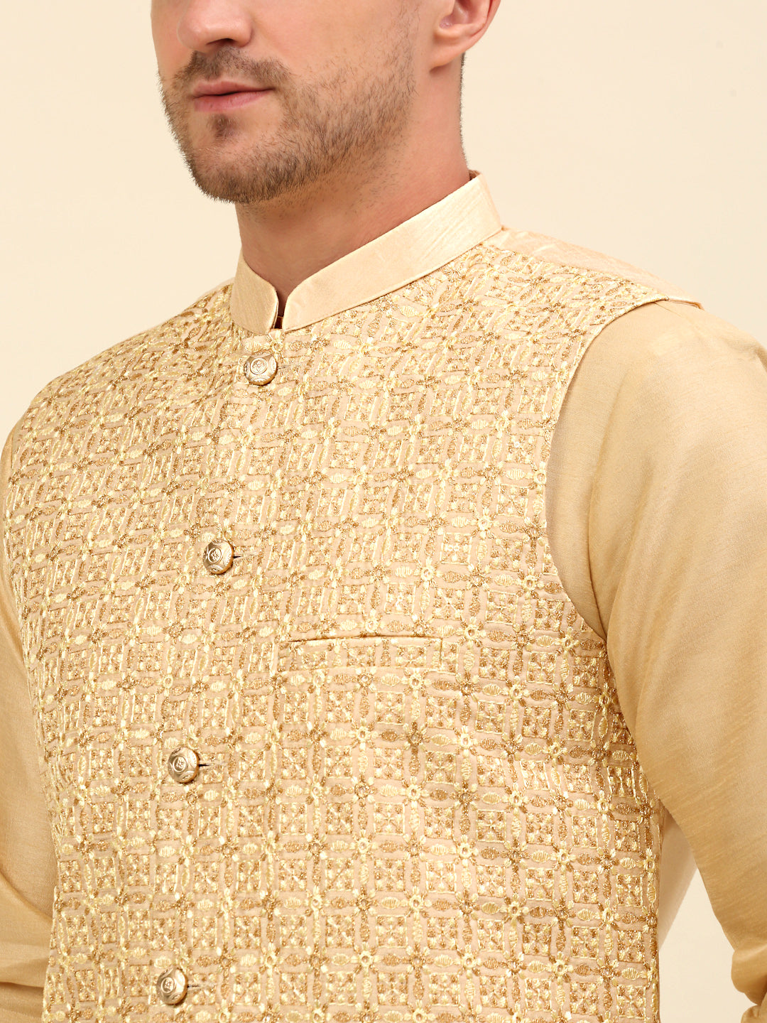 Embroidered Nehru Jacket  with Solid Kurta Pyjama ( ANMKPWC 110G 7001Cream )