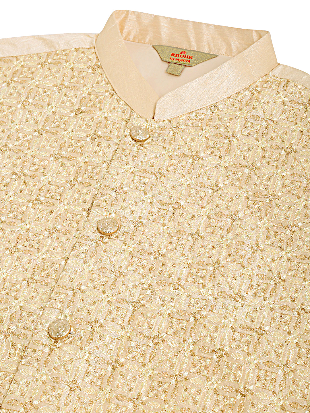 Embroidered Nehru Jacket  with Solid Kurta Pyjama ( ANMKPWC 110G 7001Cream )