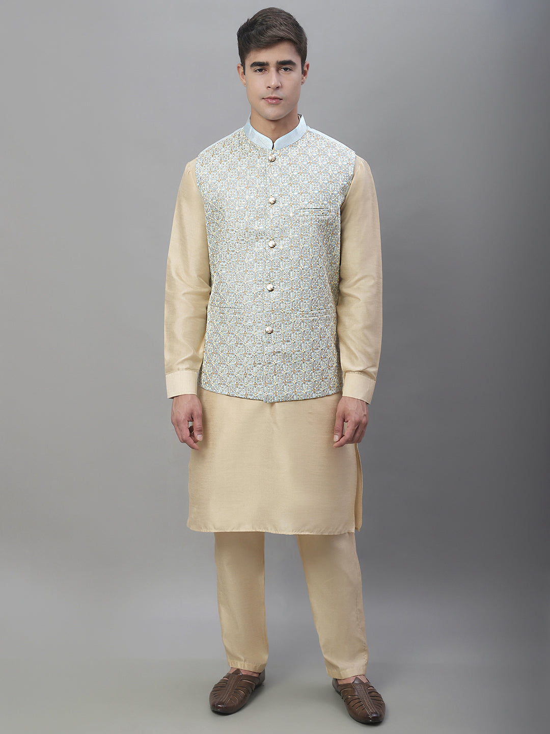 Solid Kurta Pyjama with Embroidered Nehru Jacket ( ANMKPWC 110G 7001Grey )