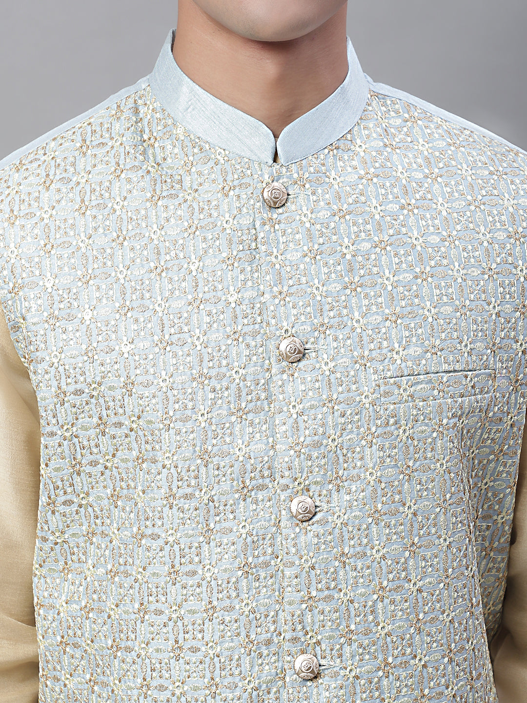 Solid Kurta Pyjama with Embroidered Nehru Jacket ( ANMKPWC 110G 7001Grey )