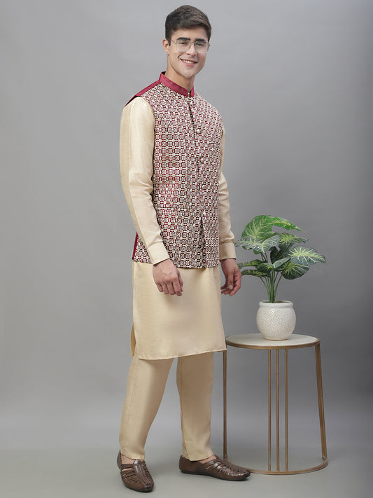 Solid Kurta Pyjama with Embroidered Nehru Jacket ( ANMKPWC 110G 7001Maroon )