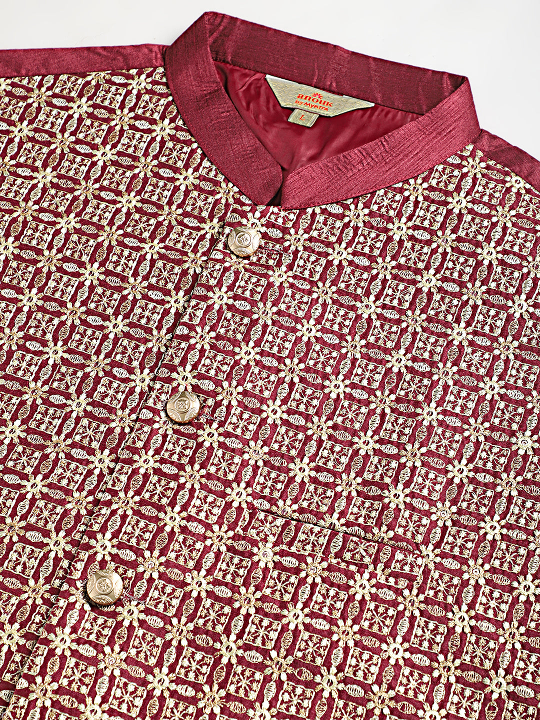 Solid Kurta Pyjama with Embroidered Nehru Jacket ( ANMKPWC 110G 7001Maroon )