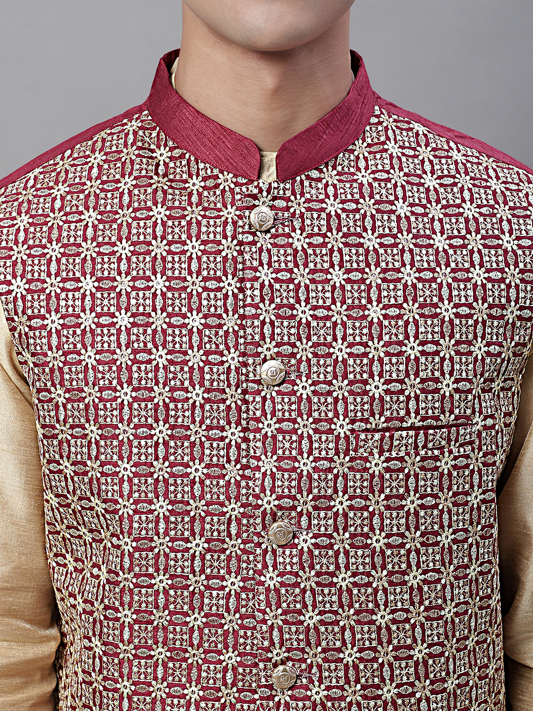Solid Kurta Pyjama with Embroidered Nehru Jacket ( ANMKPWC 110G 7001Maroon )