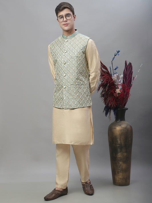 Solid Kurta Pyjama with Embroidered Nehru Jacket ( ANMKPWC 110G 7001Pista )