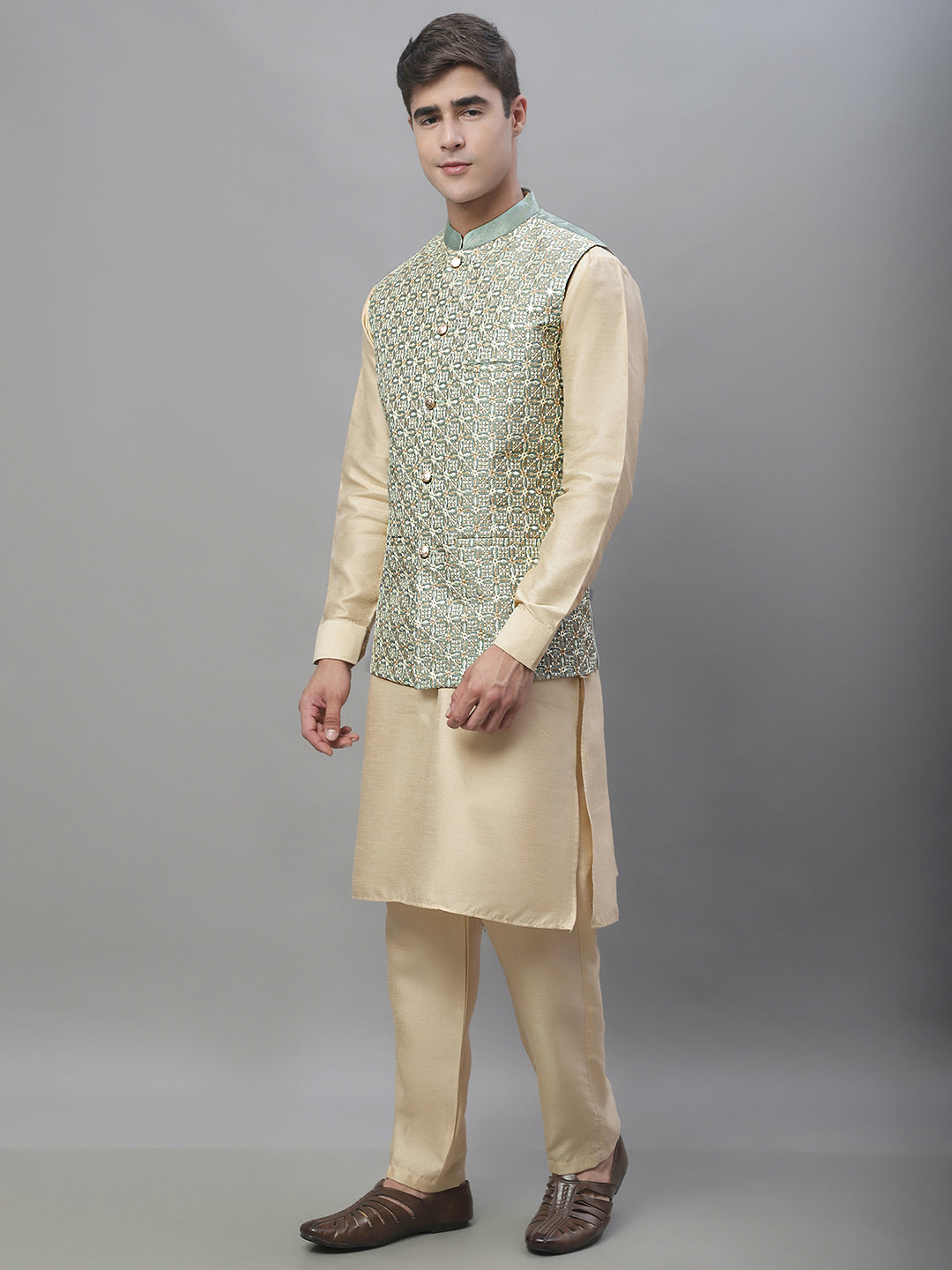 Solid Kurta Pyjama with Embroidered Nehru Jacket ( ANMKPWC 110G 7001Pista )