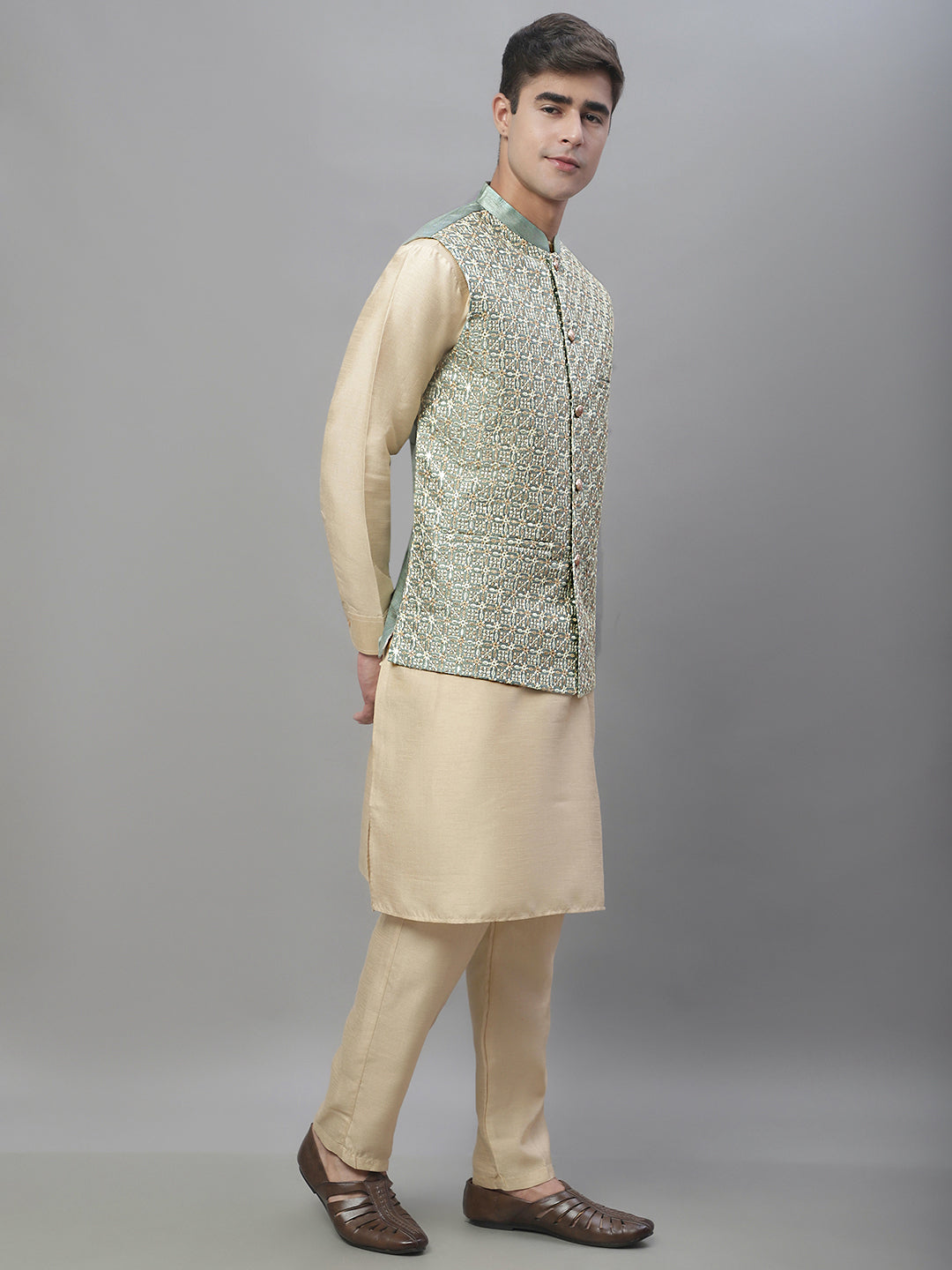 Solid Kurta Pyjama with Embroidered Nehru Jacket ( ANMKPWC 110G 7001Pista )